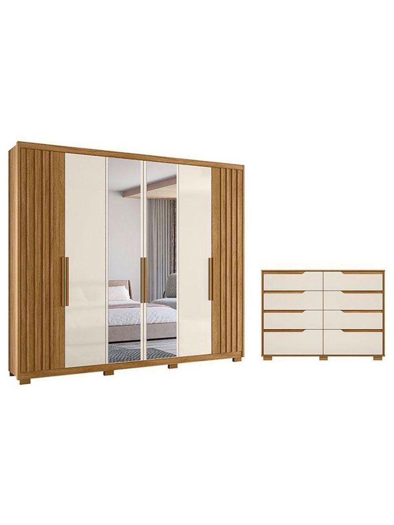 Guarda Roupa Casal Araguaia E Cômoda Georgia Freijó Off White Com Espelho - Moval