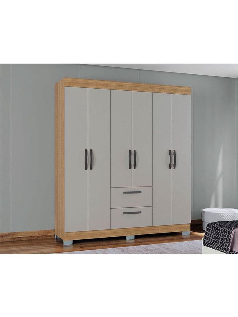 Guarda Roupa Casal Tóquio 6 Portas com Armário Multiuso 2 Portas Pequeno Damasco Off White – Poquema