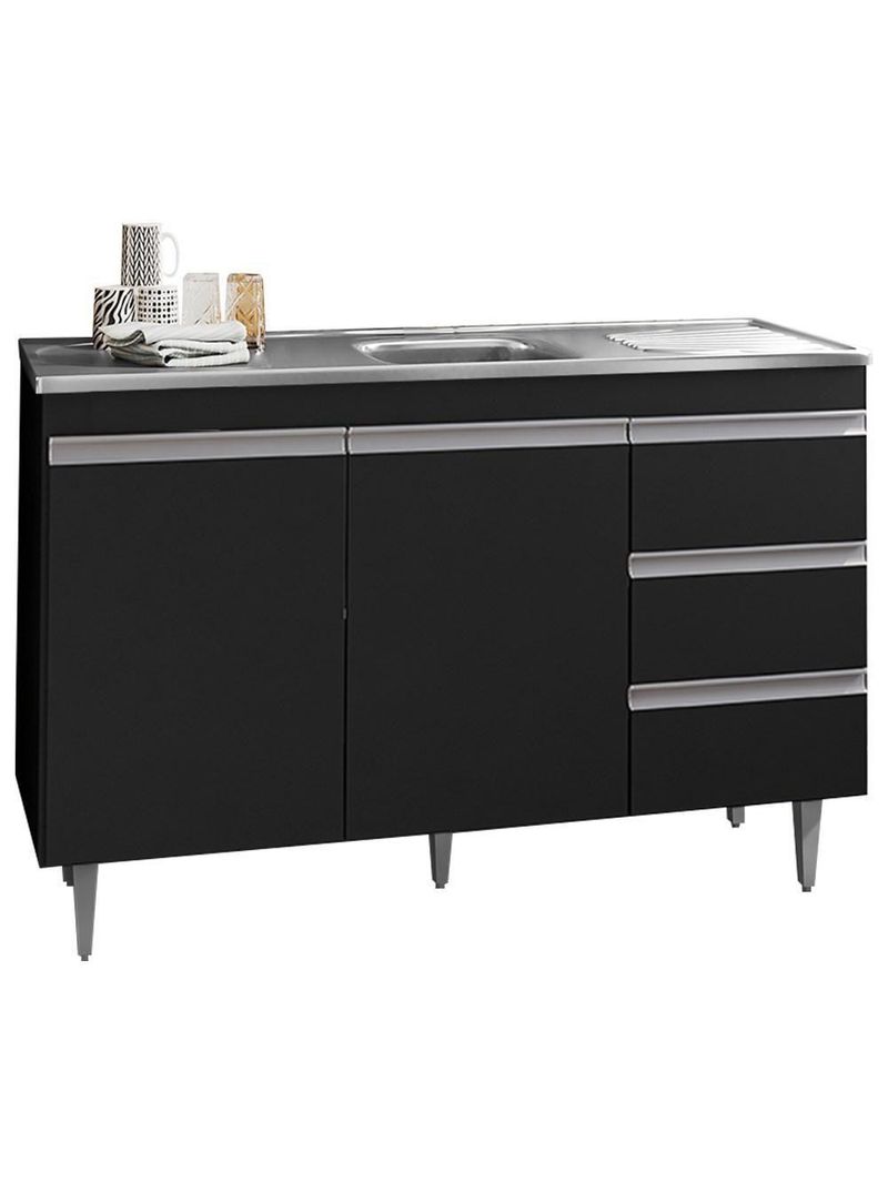 Balcão Gabinete Com Pia Inox 120cm 2 Portas 3 Gavetas Andréia Preto Total - AJL Móveis