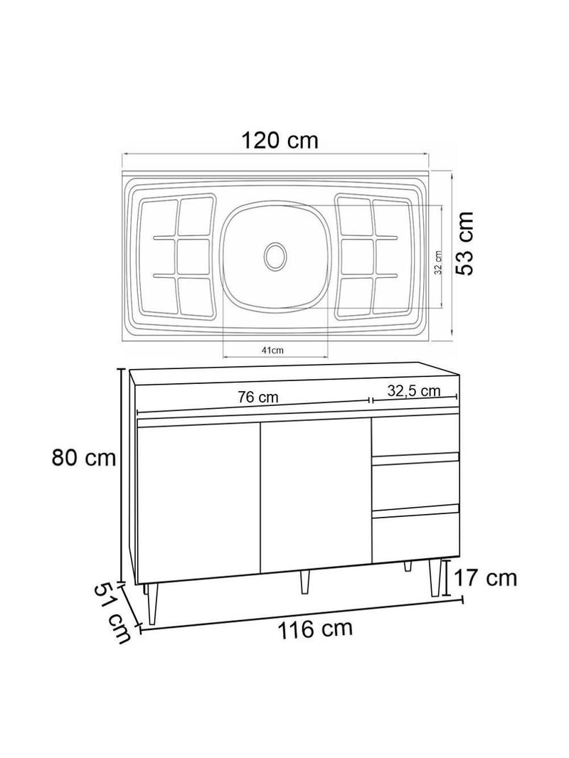 Balcão Gabinete Com Pia Inox 120cm 2 Portas 3 Gavetas Andréia Preto Total - AJL Móveis