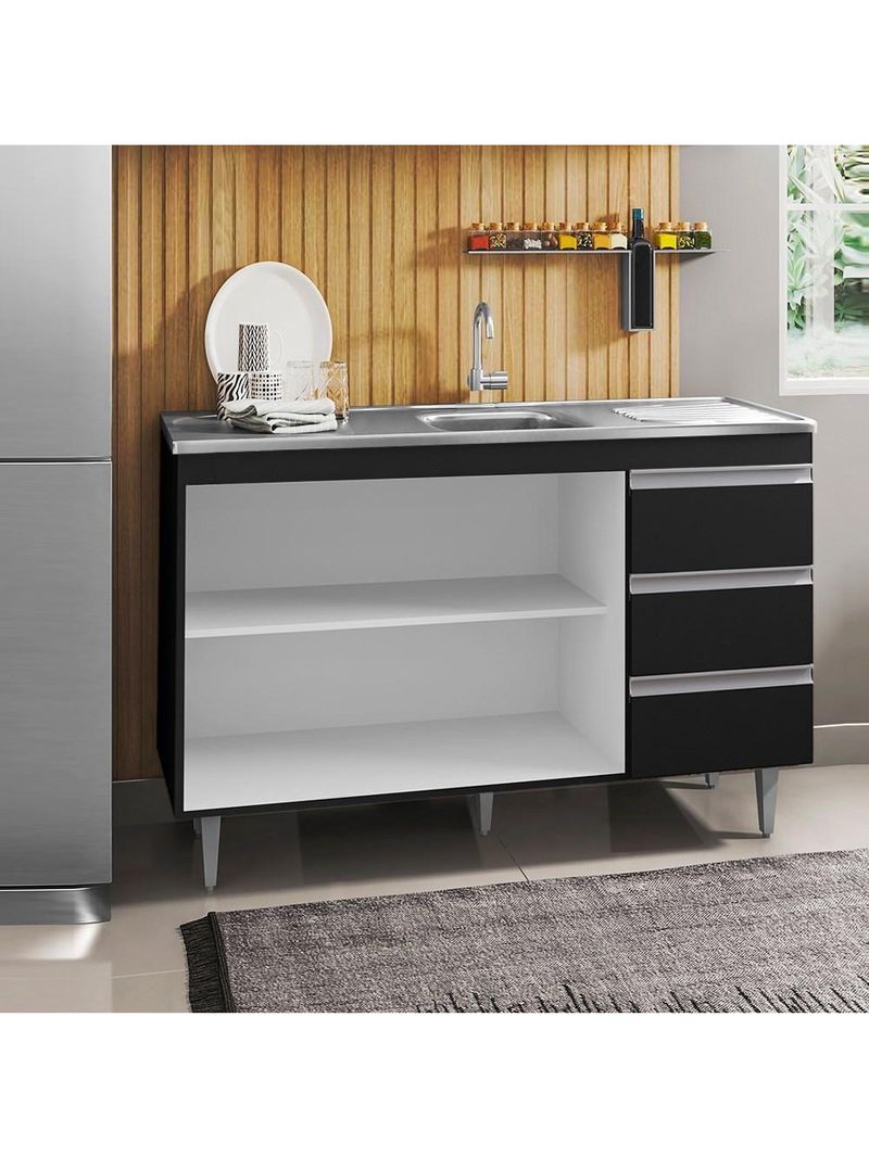 Balcão Gabinete Com Pia Inox 120cm 2 Portas 3 Gavetas Andréia Preto Total - AJL Móveis