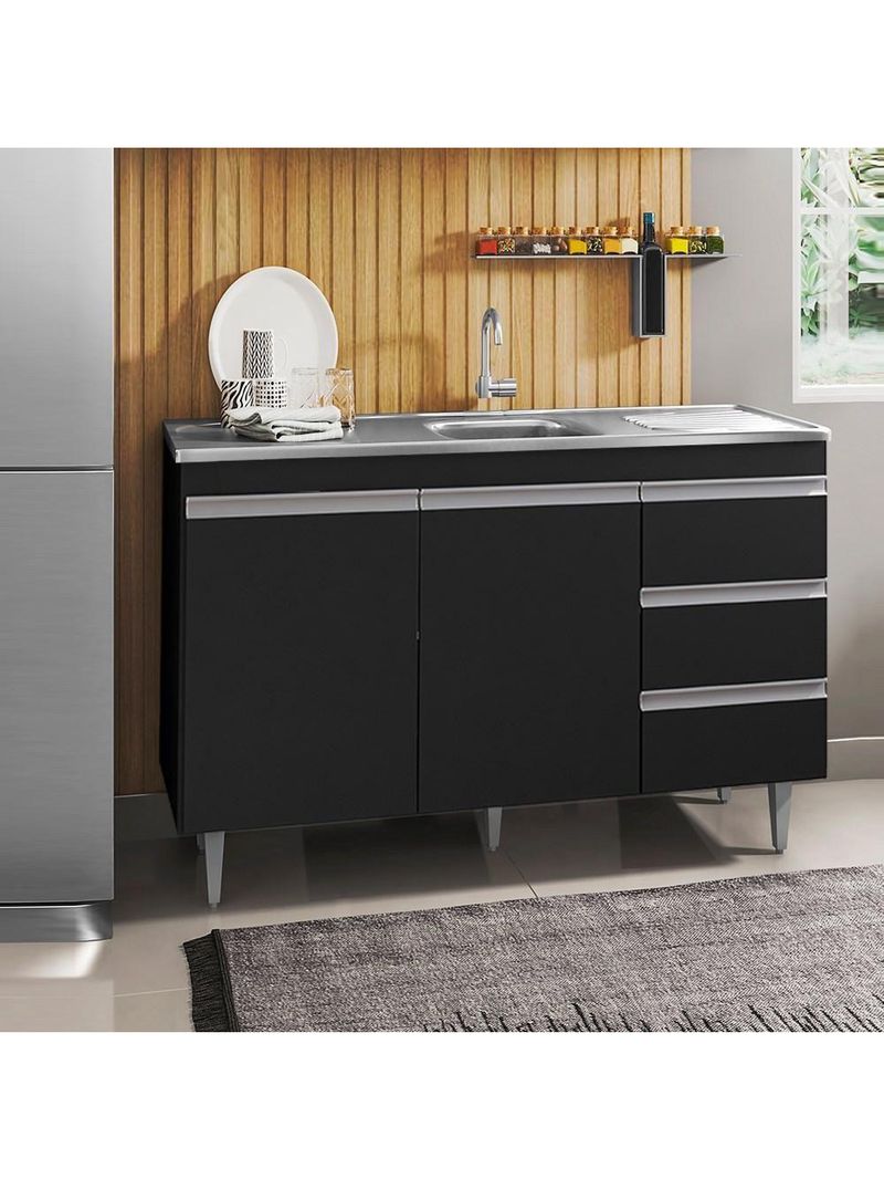 Balcão Gabinete Com Pia Inox 120cm 2 Portas 3 Gavetas Andréia Preto Total - AJL Móveis