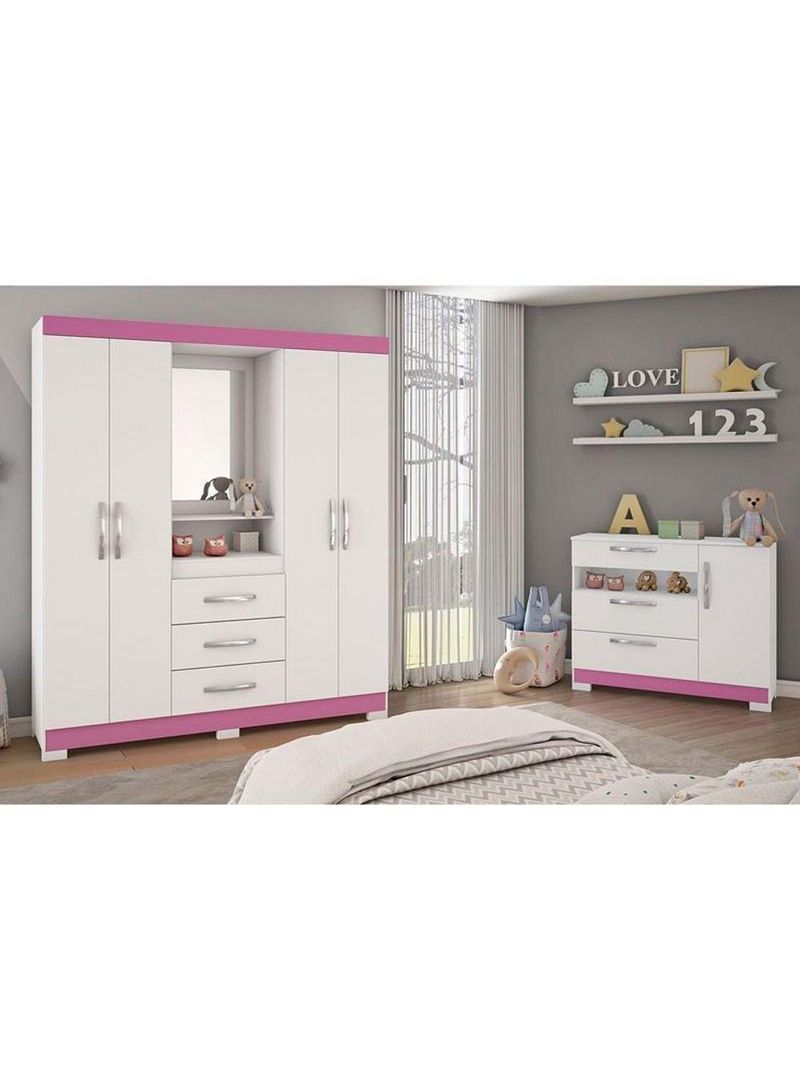 Guarda-Roupa Capelinha 4 Portas E 3 Gavetas Branco/Rosa