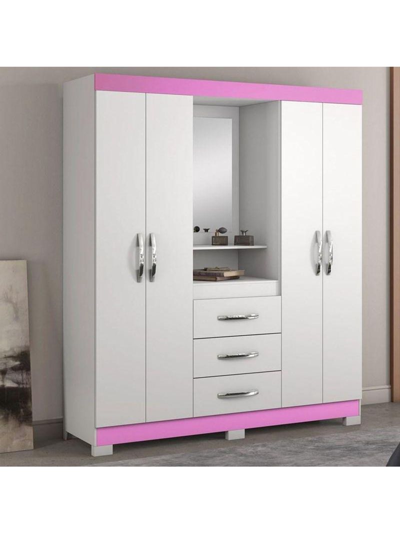 Guarda-Roupa Capelinha 4 Portas E 3 Gavetas Branco/Rosa