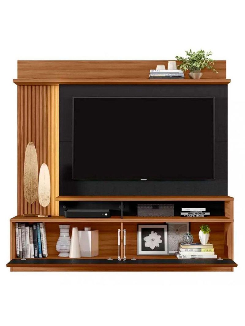 Home Nt1295 183cm Para Até 60" Com Detalhe Ripado E Pés Notável Freijó Trend Com Preto Tx