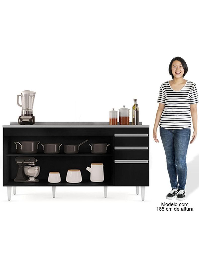 Balcão Gabinete com Pia Inox 160cm Arkansas Preto - Lumil