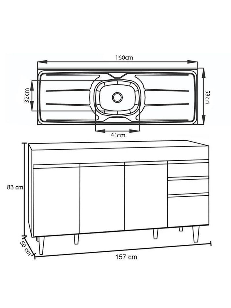 Balcão Gabinete com Pia Inox 160cm Arkansas Preto - Lumil