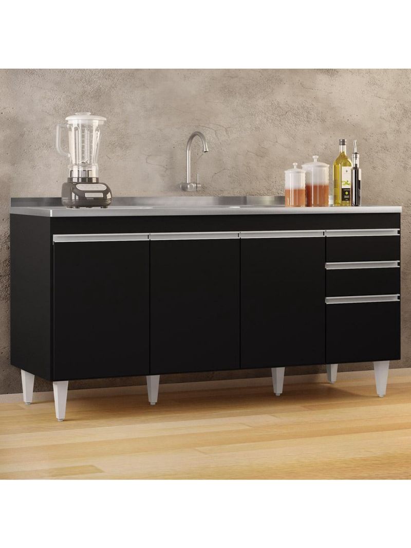 Balcão Gabinete com Pia Inox 160cm Arkansas Preto - Lumil