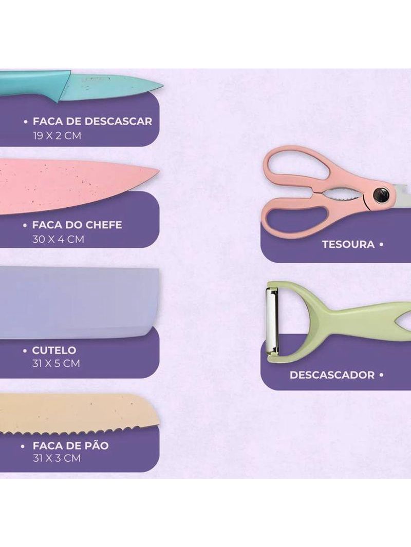 Conjunto De Facas 6 Peças Aço Inoxidável Colorido Cozinha