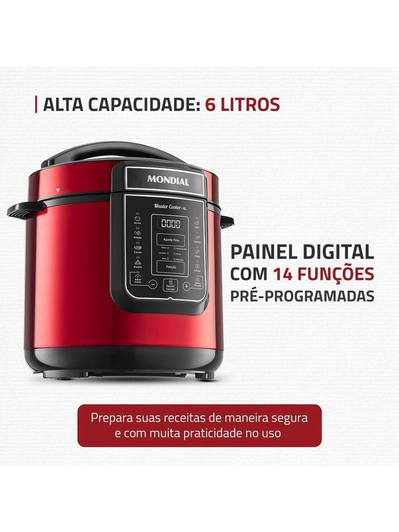 Panela de Pressão Elétrica Digital Mondial 6L Vermelho/Inox PE-60-6L-RI – 127V
