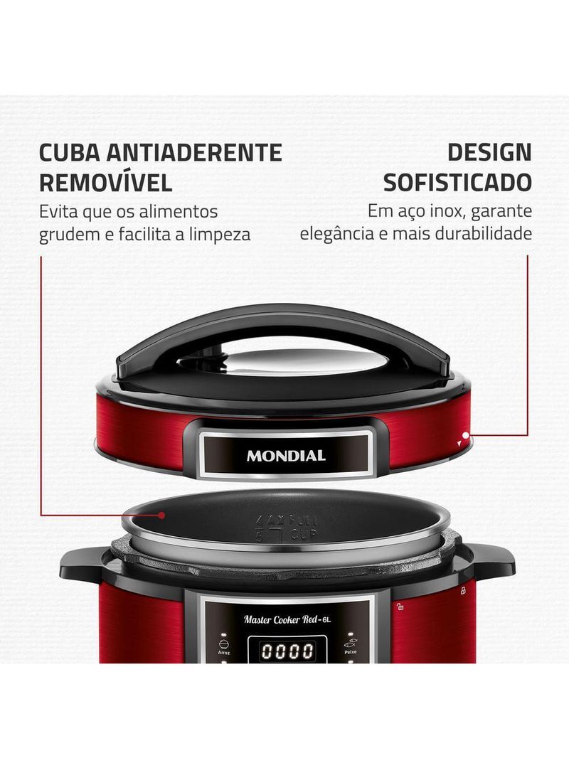 Panela de Pressão Elétrica Digital Mondial 6L Vermelho/Inox PE-60-6L-RI – 127V