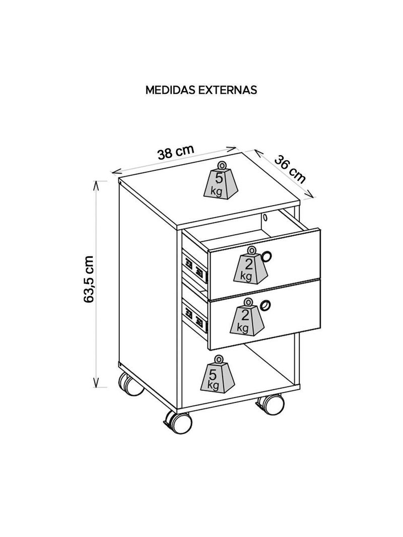 Gaveteiro Escritório 2 Gavetas Rodízios Meta Marrom Caemmun