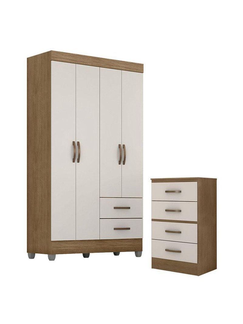 Guarda Roupa Solteiro 4 Portas e Cômoda 4 Gavetas Lite Nature Off White – Móveis Leão