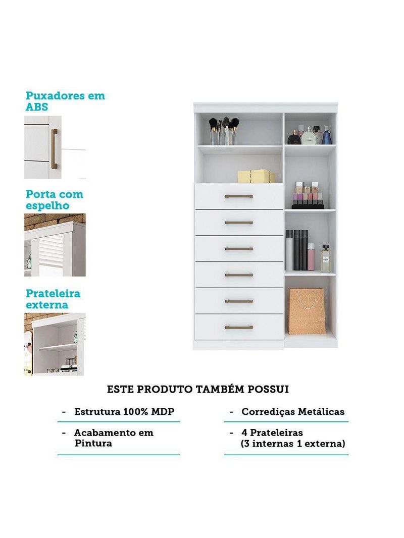 Cômoda Multiuso 1 Porta 6 Gavetas Com Espelho Marabá Santos Andirá Branco