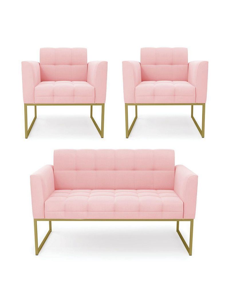 Kit 1 Sofá Namoradeira E 2 Poltronas Elisa  Base Metálica