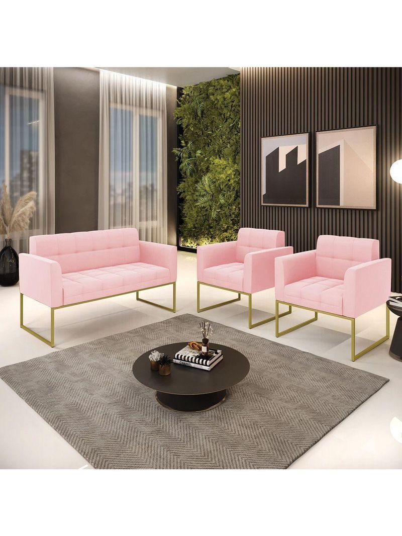 Kit 1 Sofá Namoradeira E 2 Poltronas Elisa  Base Metálica