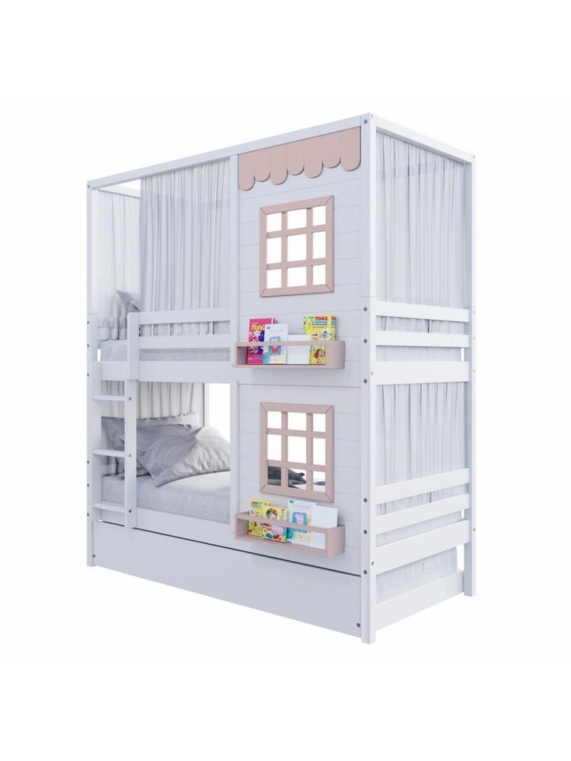Treliche Casinha 2 Janelas Cortina Madeira Branco-Rosa