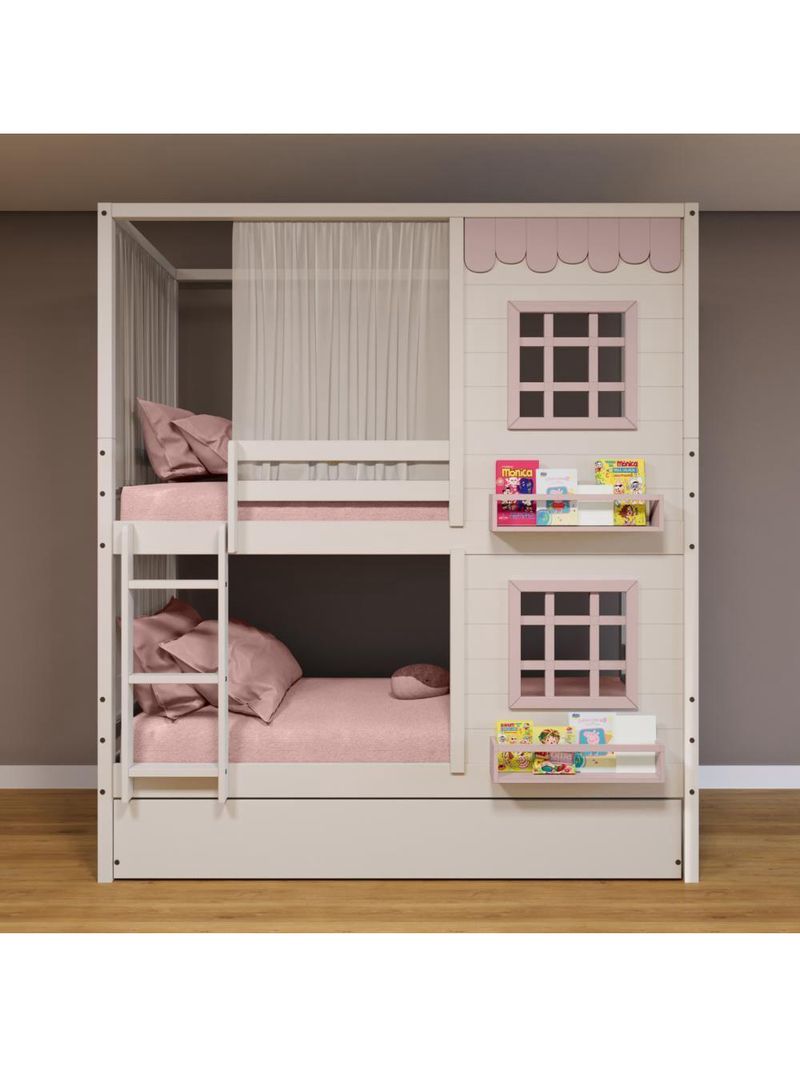 Treliche Casinha 2 Janelas Cortina Madeira Branco-Rosa
