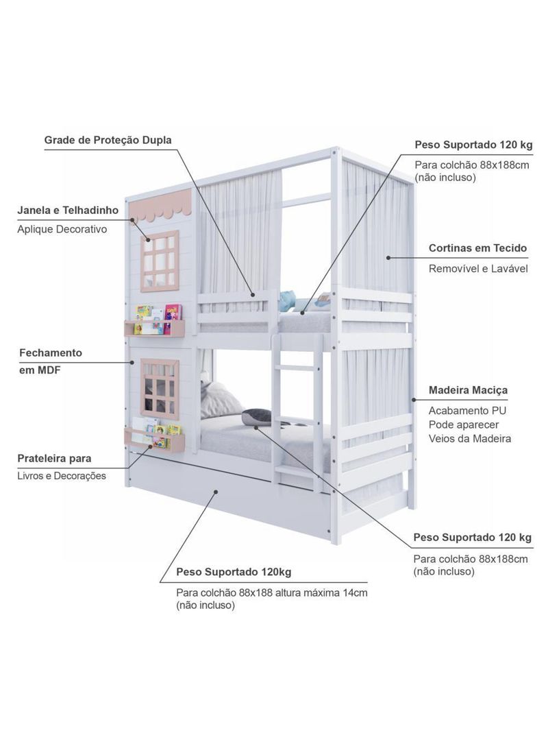Treliche Casinha 2 Janelas Cortina Madeira Branco-Rosa