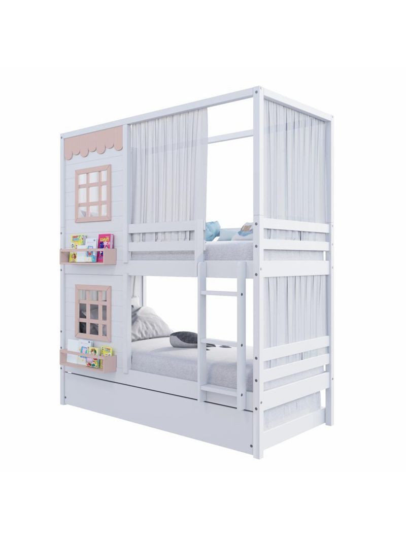 Treliche Casinha 2 Janelas Cortina Madeira Branco-Rosa