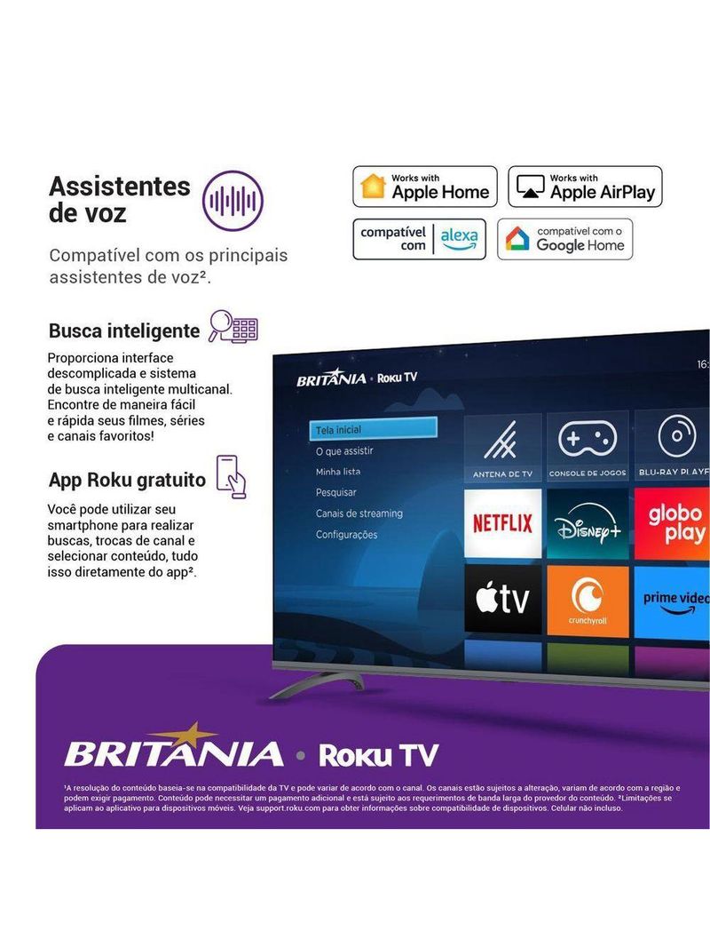 Smart 50” Britânia Roku LED Dolby Audio Bivolt