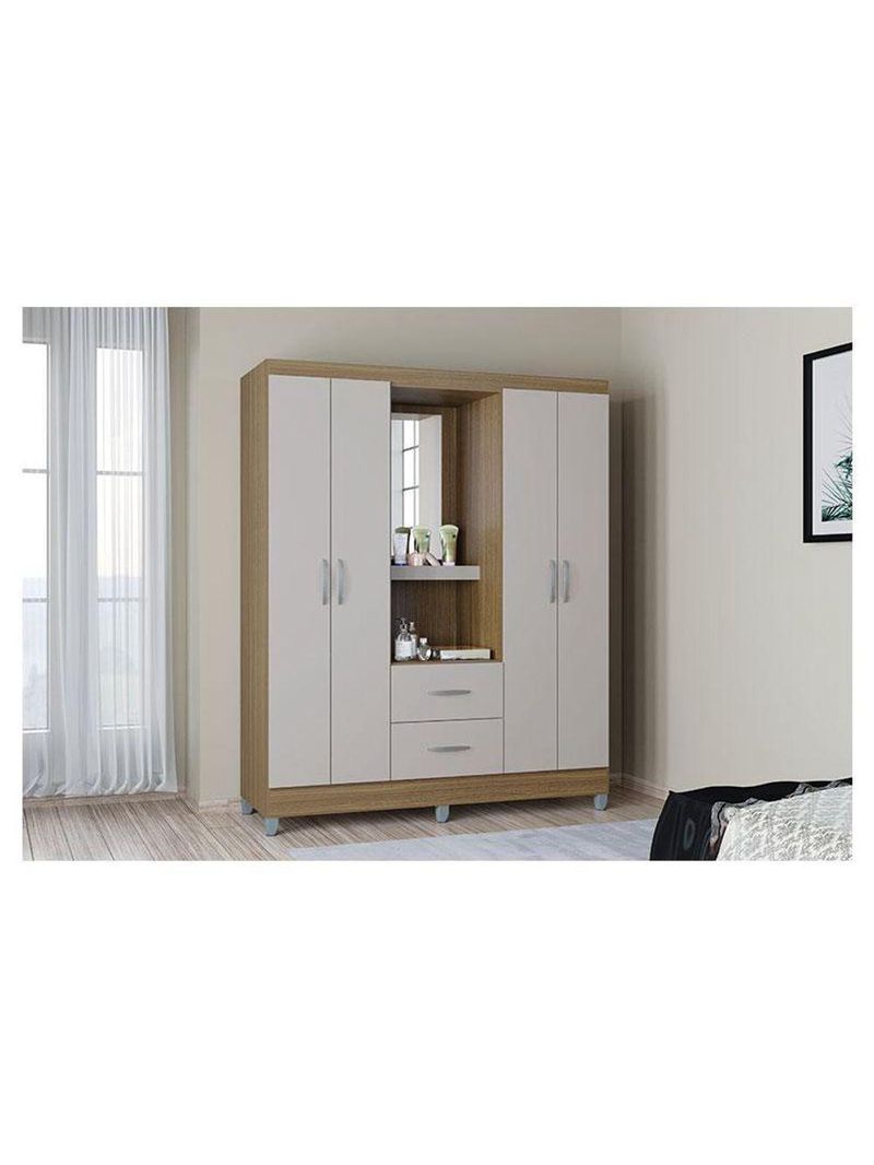 Guarda Roupa Solteiro Cordoba 4 Portas Castanho Off White – Poquema