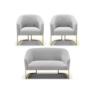 Namoradeira E 2 Poltronas Base Industrial Dourado Stella Suede Cinza D03 - D'rossi