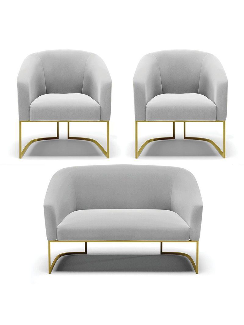 Namoradeira E 2 Poltronas Base Industrial Dourado Stella Suede Cinza D03 - D'rossi