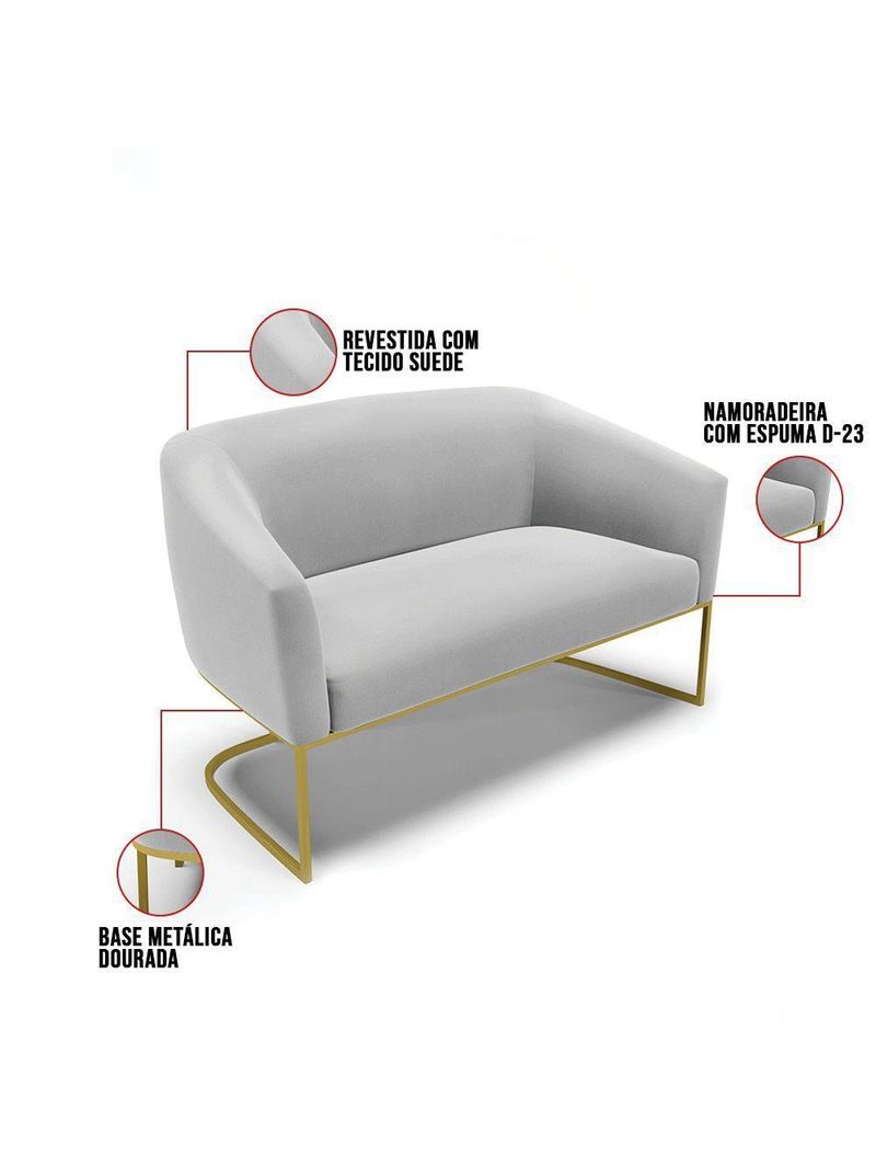 Namoradeira E 2 Poltronas Base Industrial Dourado Stella Suede Cinza D03 - D'rossi