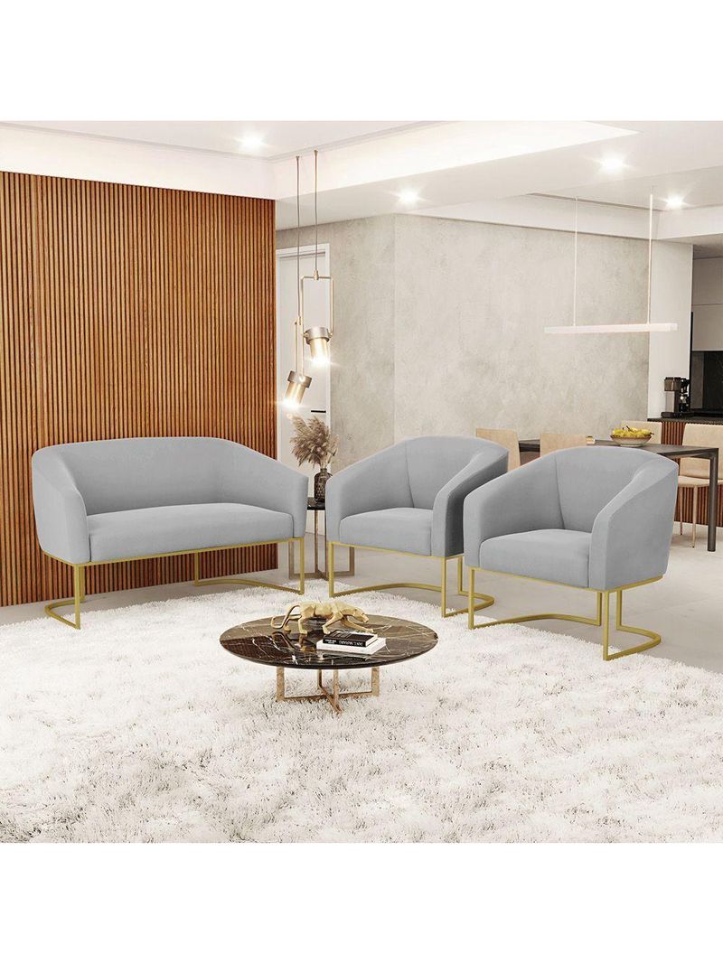 Namoradeira E 2 Poltronas Base Industrial Dourado Stella Suede Cinza D03 - D'rossi