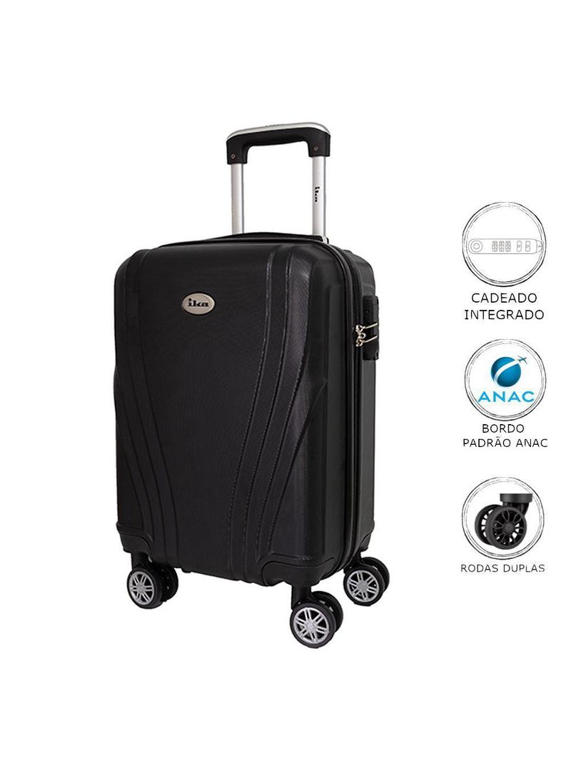 Mala de Bordo Pequena para Viagem em ABS IKA Vanguard Cadeado Integrado Rodas Duplas 360º Preto - P