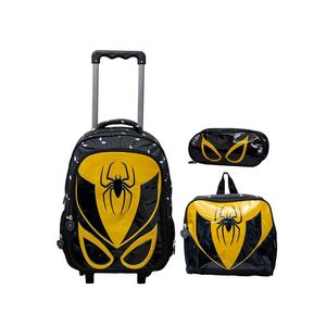 Kit Mochila Escolar Infantil de Rodinhas com Lancheira e Estojo Yins PVC 3D Kids Spider Amarelo