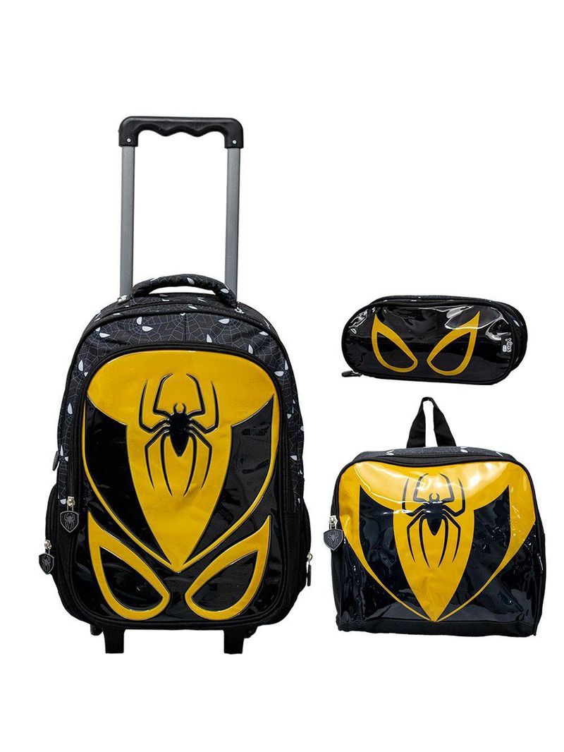 Kit Mochila Escolar Infantil de Rodinhas com Lancheira e Estojo Yins PVC 3D Kids Spider Amarelo