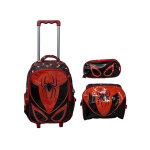 Kit Mochila Escolar Infantil de Rodinhas com Lancheira e Estojo Yins em PVC 3D Kids Spider - Preto