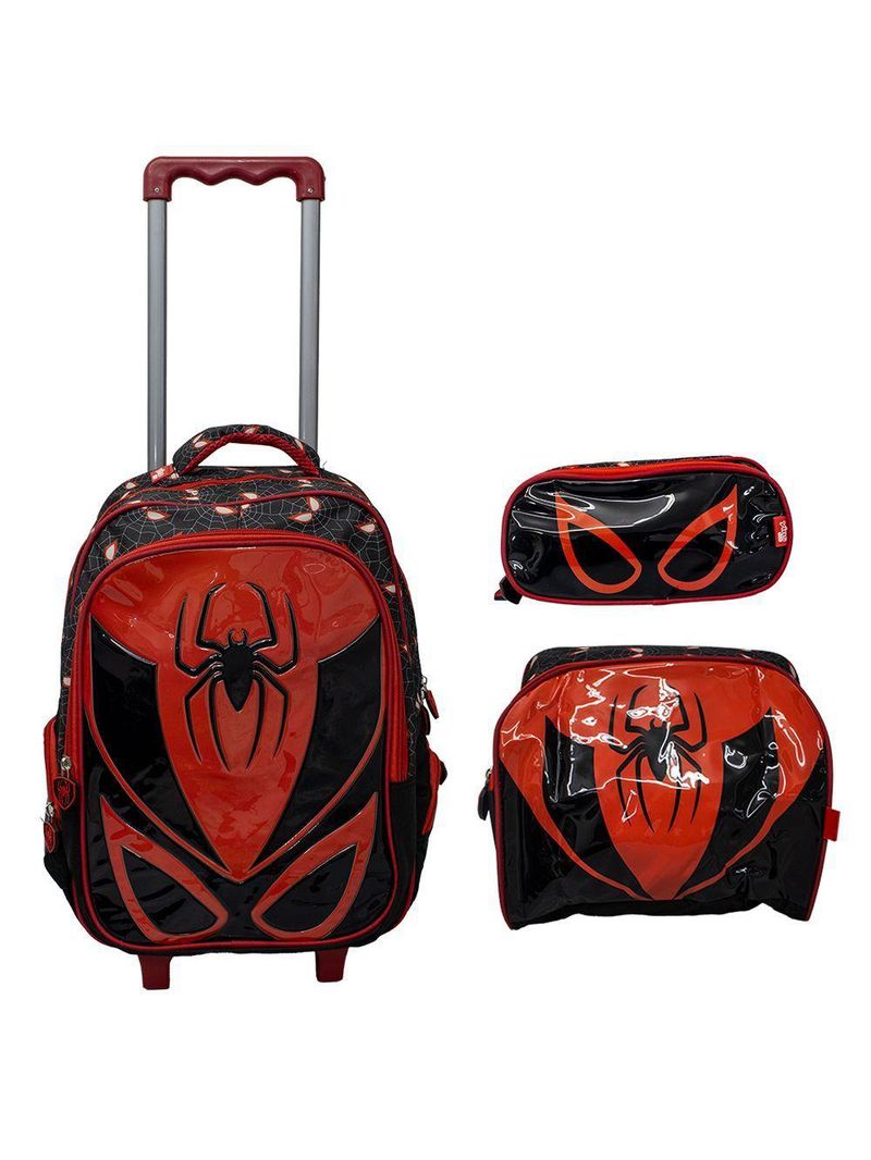 Kit Mochila Escolar Infantil de Rodinhas com Lancheira e Estojo Yins em PVC 3D Kids Spider - Preto