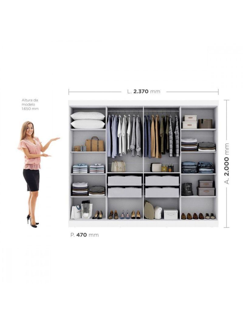 Guarda-Roupa Casal Paris 8 Portas MDP Branco Brilho | Maxel