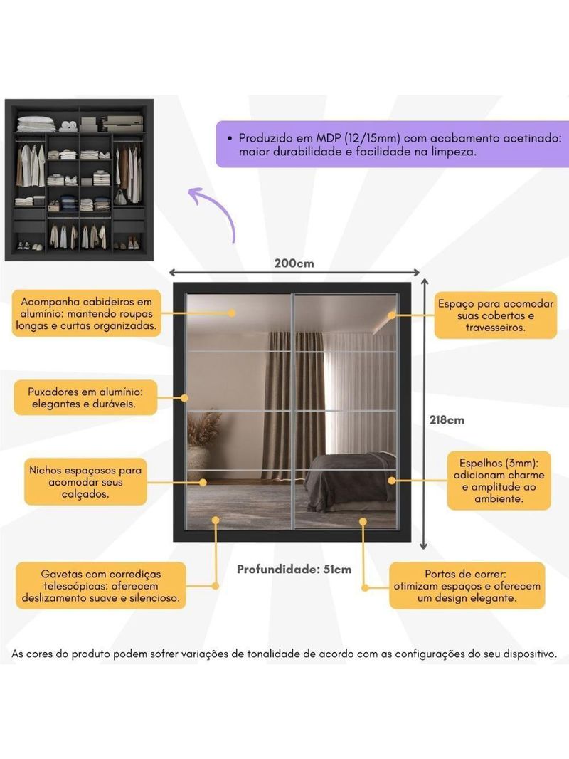 Guarda-roupas Casal Com Espelho 2 Portas De Correr 4 Gavetas Malibu Multimóveis Mp4273 Preto Preto