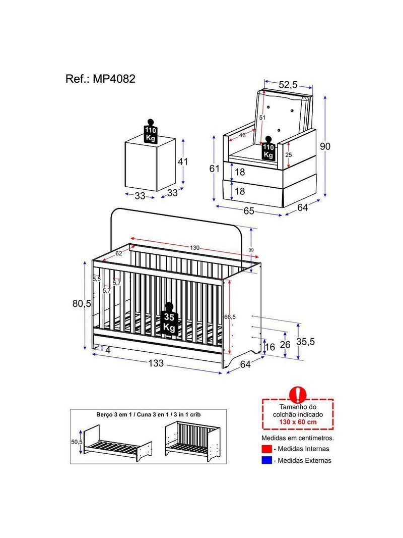 Berço 3x1 Com Poltrona De Amamentação E Puff Multimóveis Mp4082 Branco Branco
