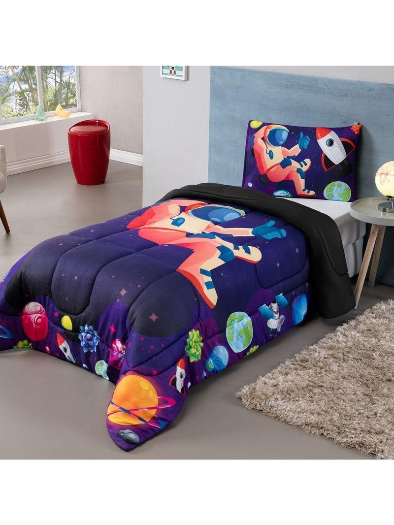 Kit Edredom Plush Fofinho Infantil Dupla Face Dream 2 Peças Solteiro - Astronauta