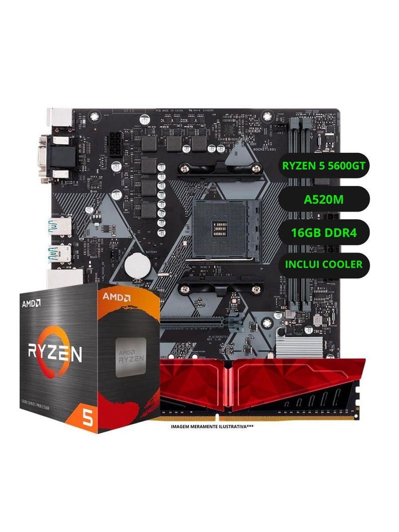 Kit Upgrade AMD Ryzen 5 5600G Vega 8 Placa Mãe A520 RAM16GB