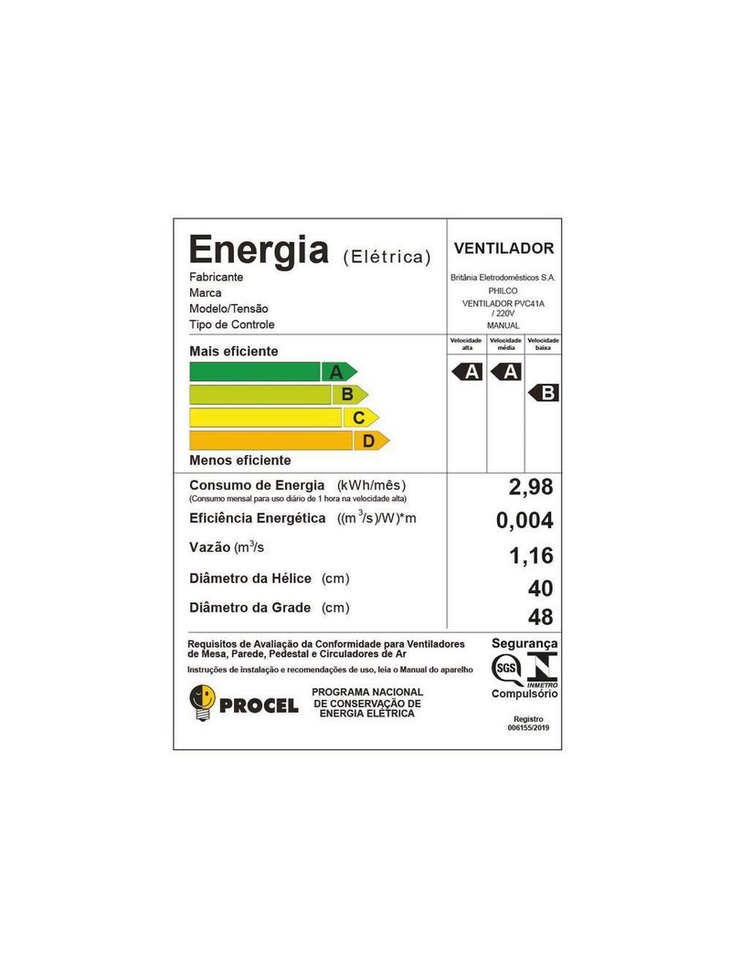 Ventilador De Coluna Philco 6 Pás 175W PVC41A 220V