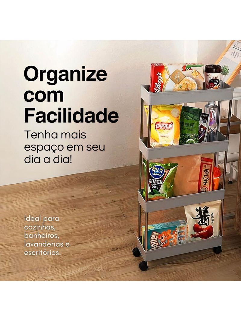 Estante Móvel Compacta 4 Andares em Plástico Cinza com Rodas Giratórias