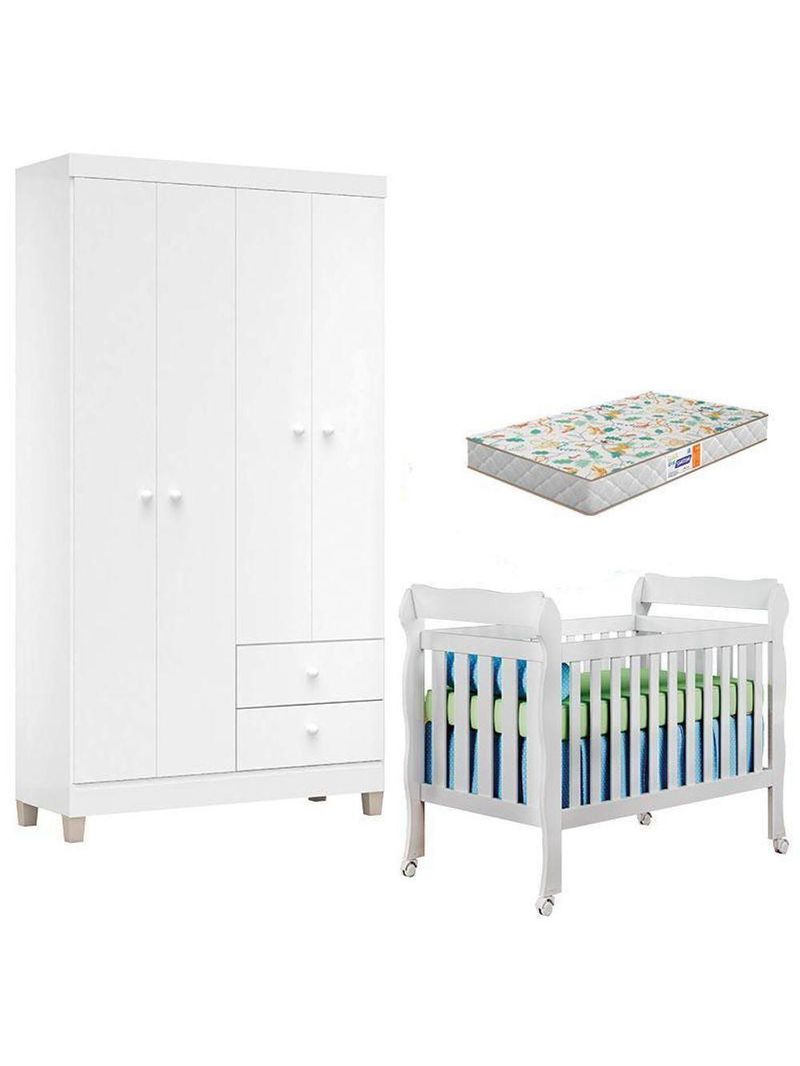 Berço Americano Lila Com Colchão Gazin E Guarda Roupa Ternura Baby 4 Portas Branco Flex - Incorplac
