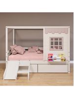 Cama Casinha Gavetas Escorregador Madeira Branco-Rosa