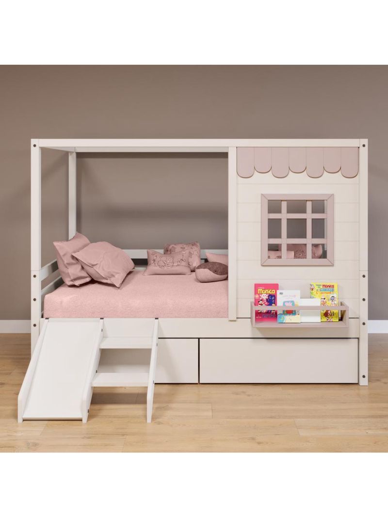 Cama Casinha Gavetas Escorregador Madeira Branco-Rosa