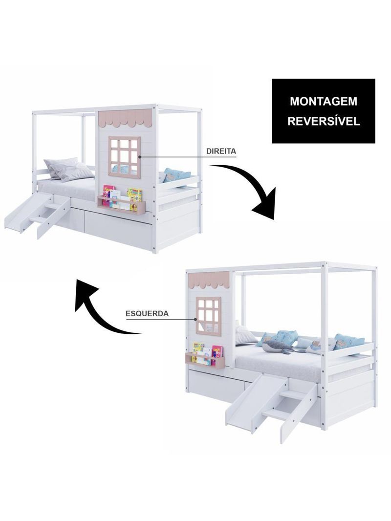 Cama Casinha Gavetas Escorregador Madeira Branco-Rosa