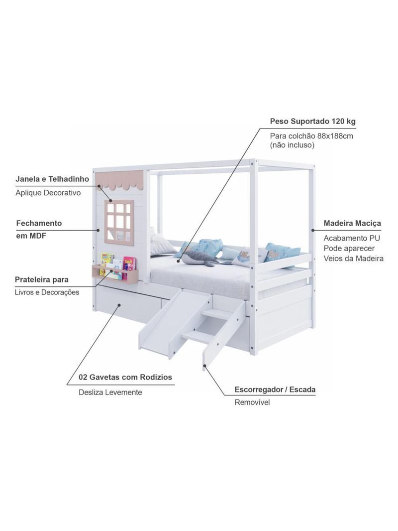 Cama Casinha Gavetas Escorregador Madeira Branco-Rosa