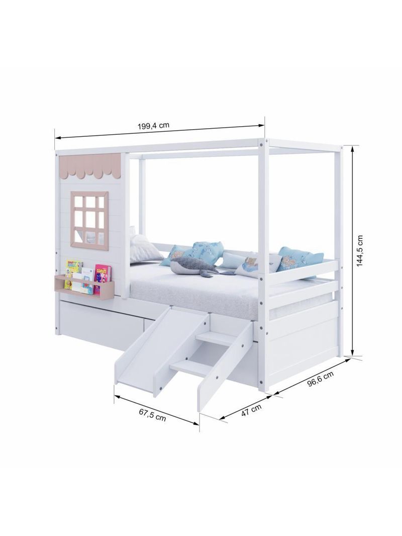 Cama Casinha Gavetas Escorregador Madeira Branco-Rosa