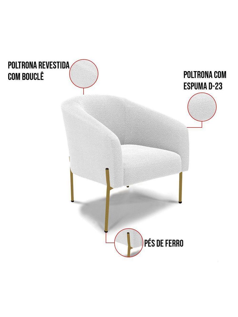 Sofá Namoradeira E Poltrona Pé Ferro Dourado Stella Bouclê D03 - D'rossi Cor Off White