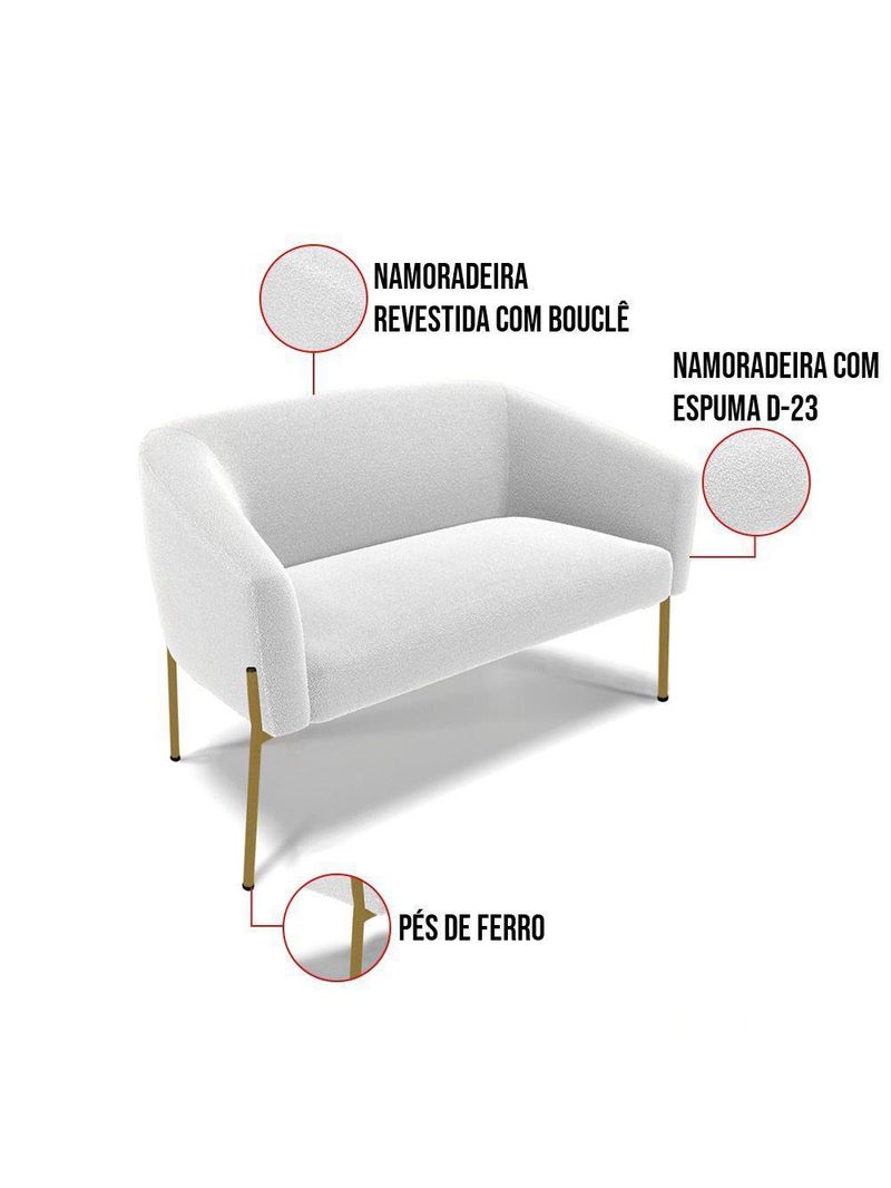 Sofá Namoradeira E Poltrona Pé Ferro Dourado Stella Bouclê D03 - D'rossi Cor Off White